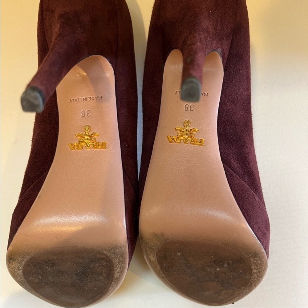 PRADA | Peep Toe Heels | Womens 38/8 Deep Burgundy Suede Platform Stiletto Pumps - Picture 5 of 8
